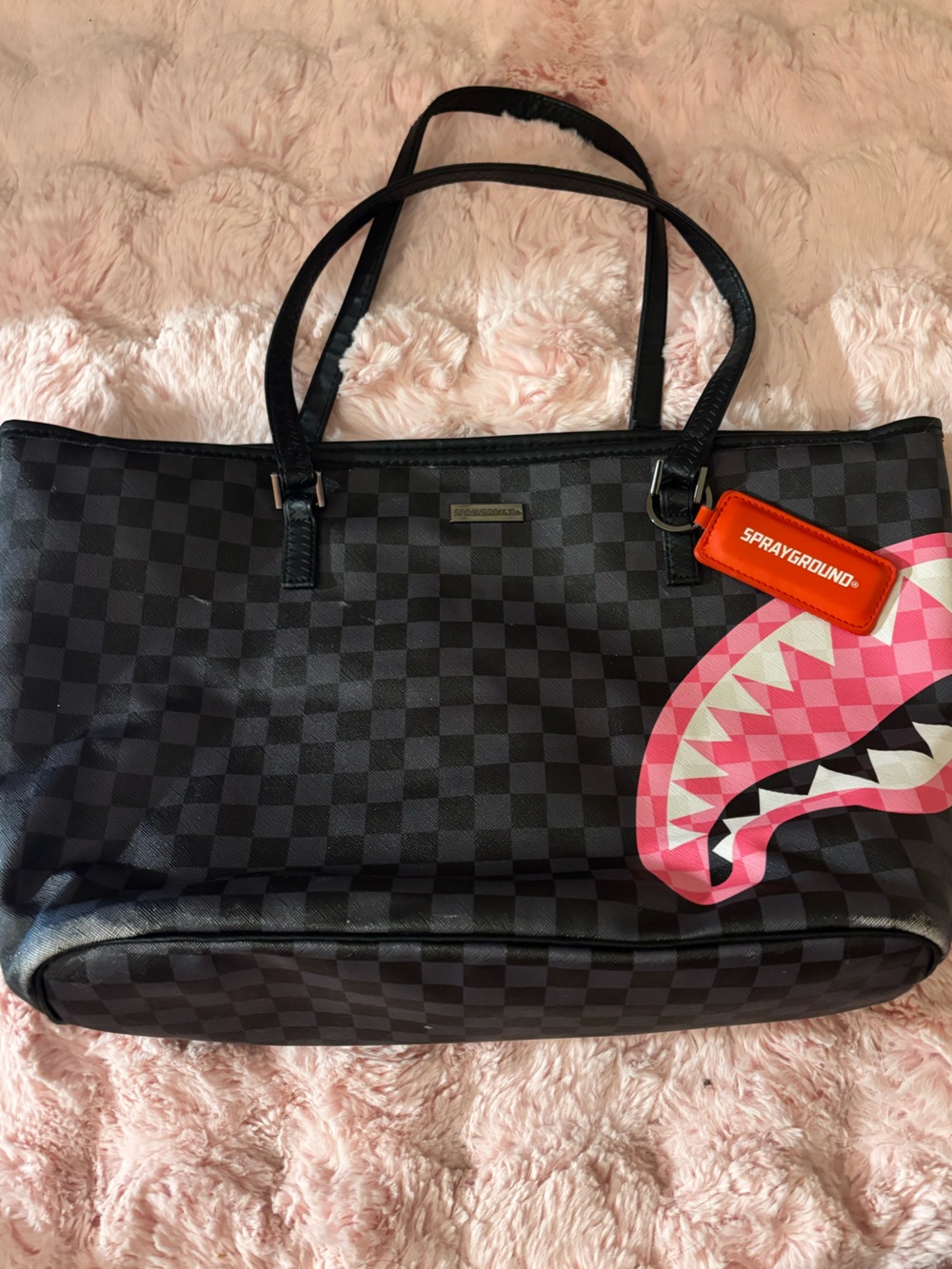 Sprayground Black Checker Tote with Pink Shark and Orange Tag
